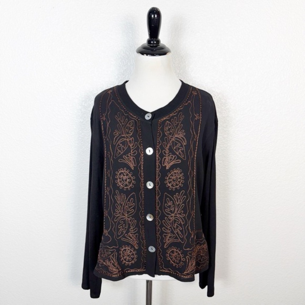 Carole Little Size Medium Artsy Boho Embroidered Silk Button Front Cardigan Top